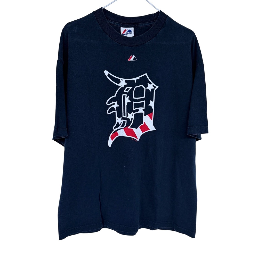 Vintage Majestic Detroit Tigers T Shirt XL Navy Blue American Flag Patriotic MLB